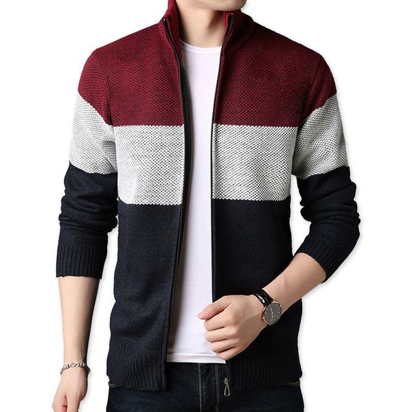 

2019 new autumn male cardigan stitching sweaters casual coat brand men's knitted sweaters fashion long sleeve stand collar, White;black