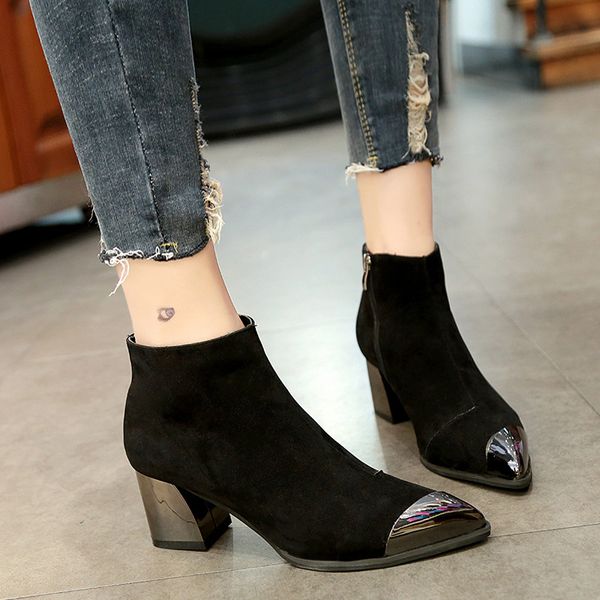 

2018 women winter metal pointed toe ankle boots suede zip thick high heel solid female fashion pumps warm ladies shoes, Black