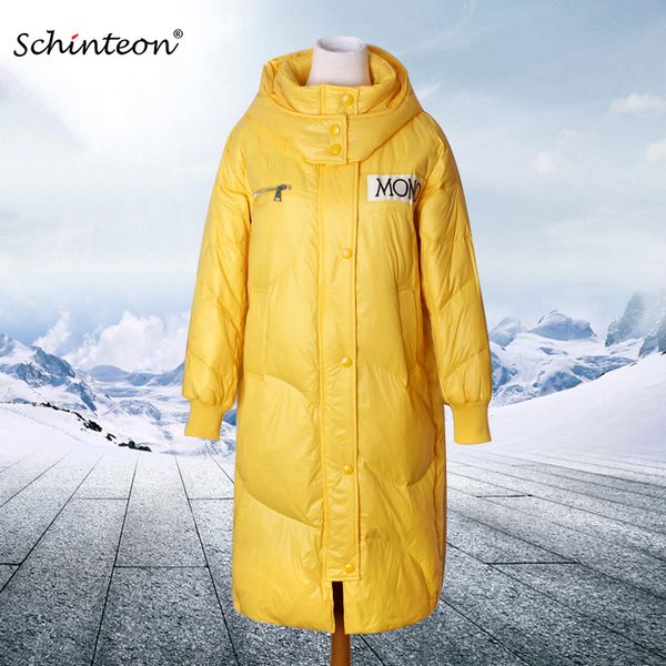 

schinteon 2019 new korean style white duck down long jacket coat loose winter outwear with hood over size warm coat fashion, Black