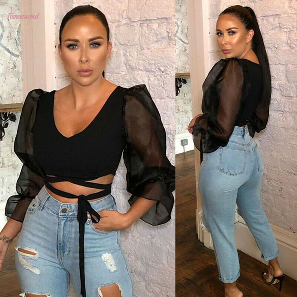 

brand new women casual sheer mesh puff sleeve cropped slim fit tee t shirt deep v neck bandage crop, White