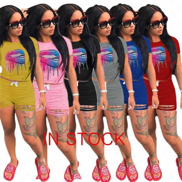 

women tracksuit solid color hole lips designer two piece set outfits short sleeves t shirt shorts summer casual sport suit s-3xl d63008, Gray
