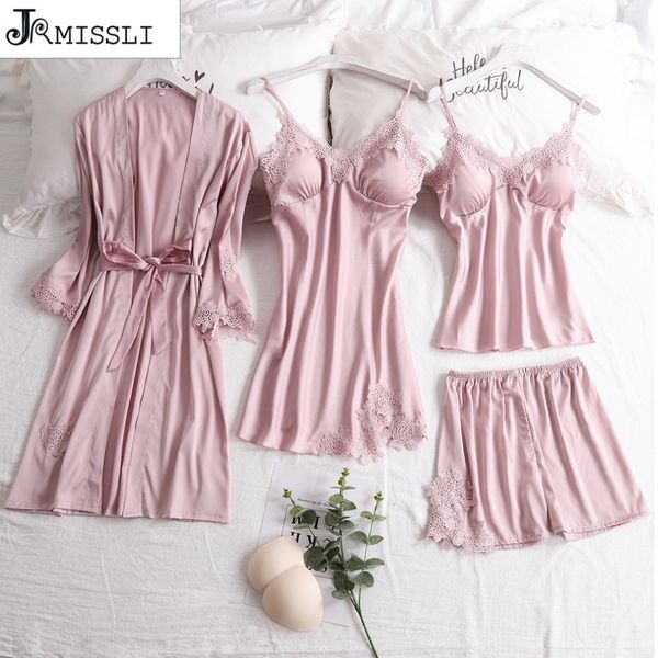 

jrmissli satin sleepwear female with chest pads women pajamas lace slik sleep lounge 4 pieces sets elegant ladies, Blue;gray