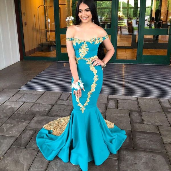 

2020 элегантный синий русалка вечернее платье shiny gold lace long off плечо поезд стреловидности пром платье, Black;red