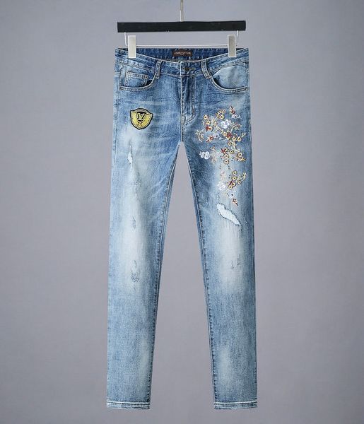 

vl luxury designer mens jeans classic brand cowboy pants fashion embroidery logo milled water pattern simple light color jeans, Blue