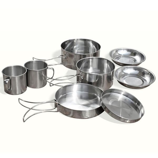 

8pcs/set stainless steel outdoor picnic pot pan kit camping hiking cookware plate/bowl/cup/pan cover cooking set