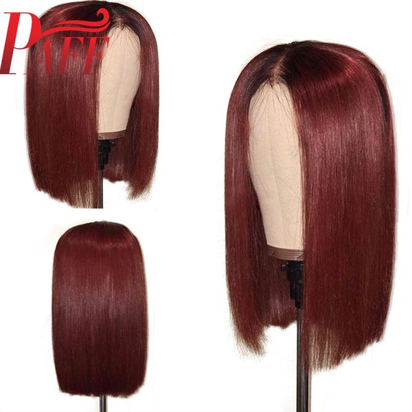 

paff short bob glueless lace front human hair wigs ombre 99j color 150 density red brazilian remy hair wigs pre plucked, Black;brown