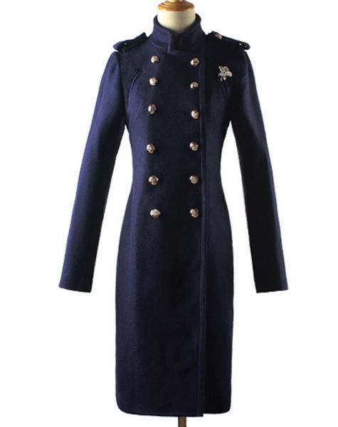 

2019 new autumn winter epaulet style women stand collar double-breasted woolen coat, Black