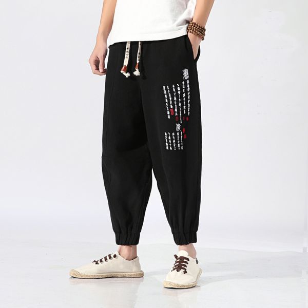

men's pants chinese style harem men embroidery cotton linen joggers 2021 casual streetwear ankle-length man trousers, Black