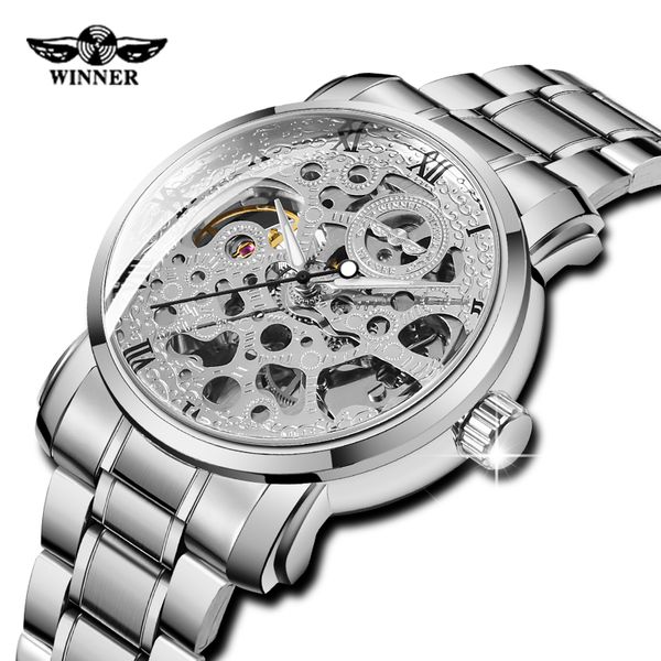 

победитель silver skeleton механические мужские часы мода из нержавеющей стали автоматическая мужские часы водонепроницаемый бизнес мужской, Slivery;brown