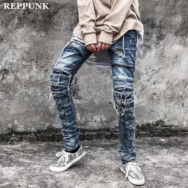 

men's jeans reppunk 2021 destroyed stretch moto pant washed blue biker slim fashion hiphop quality male denim trousers