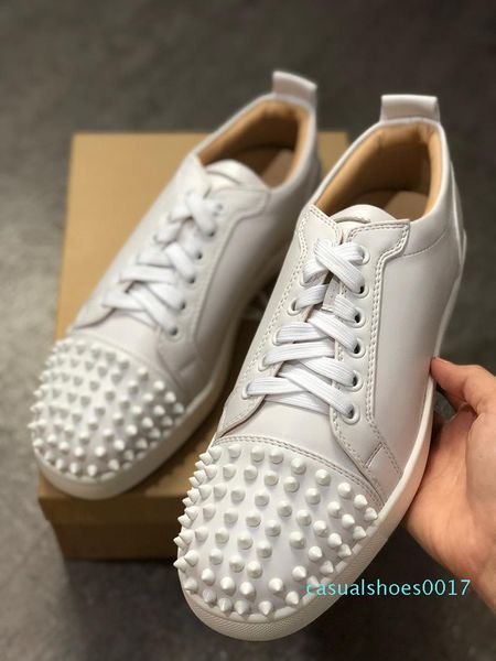 

2019 designer fashion red bottoms studded spikes flat sneakers for men women glitter party lovers genuine leather casual rivet sneaker c17, Black