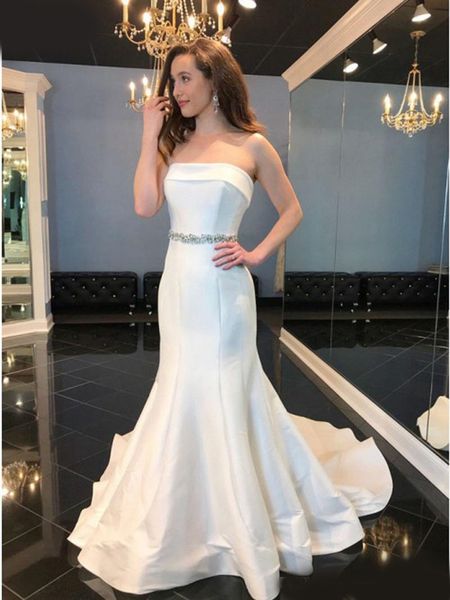 

strapless satin mermaid wedding dresses 2020 crystal belt lace up back elegant bridal gowns bride dress vestido de noiva cheap, White