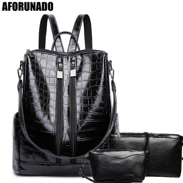 

new alligator women backpack for teenage girls female school shoulder bag fashion plecak female rugzak 3pcs backpack set pu bags