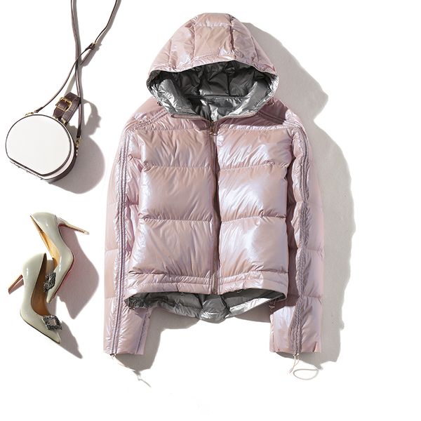

2019 women double sided silver golden duck down coat winter jacket women waterproof down parka hooded loose female coat, Black