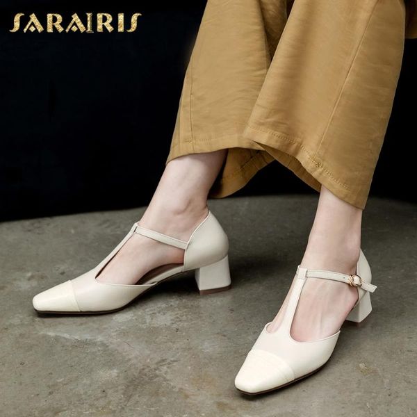 

sarairis 2020 new arrivals genuine leather chunky heels summer sandals woman shoes cow leather buckle strap black shoes women