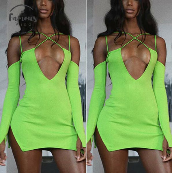 

new fashion womens off shoulder long sleeve deep v neck high waist backless short dress lady autumn party clubwear split dress, Black;gray