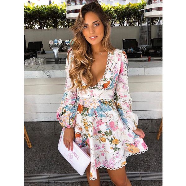 

Heather Flounce Short Dress Printed Linen Dress Bohemian Beach Resort Deep V-neck Puff Sleeve Flare