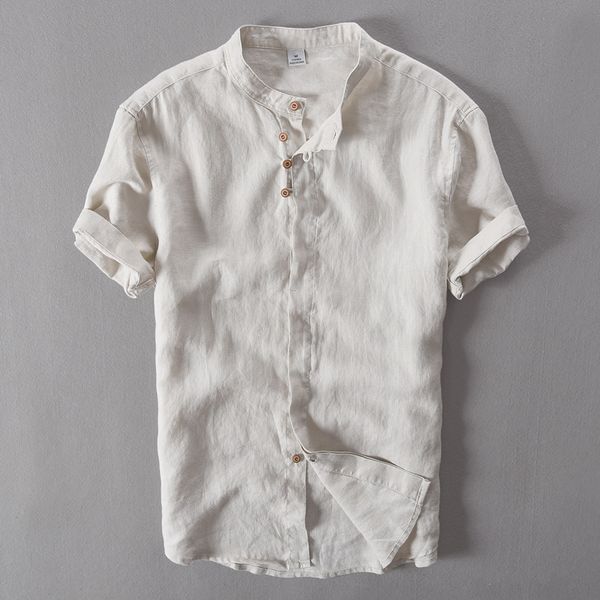 

men's pure linen casual short - sleeved shirt chinese collar 100% linen shirts men brand fashion mens shirt summer camisa social, White;black