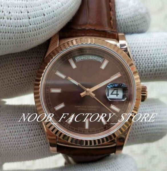 

luxury bp factory classic new day date 36 мм eta cal.2836 мужские часы автоматическое движение коричневый циферблат кожаный ремешок наручные, Slivery;brown