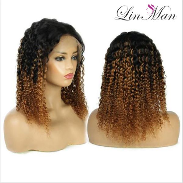 

13x6 deep part ombre brazilian lace front human hair wigs with baby hair curly remy, Black;brown