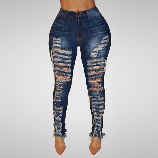 

selling women skinny pencil jeans high waisted hole denim jeans stretch slim pants calf length vaqueros mujer wd5, Blue