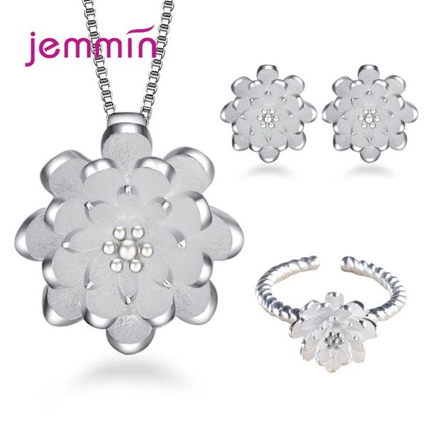 

european style fashion cute lotus flower jewelry sets include 1 earrings & 1 necklaces & ring for women as party jewelry gift, Black