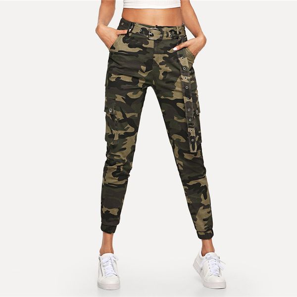 

women mid waist camouflage pants fashion capri trouser ankle-length sweatpants streetwear camo pocket belted pants, Black;white