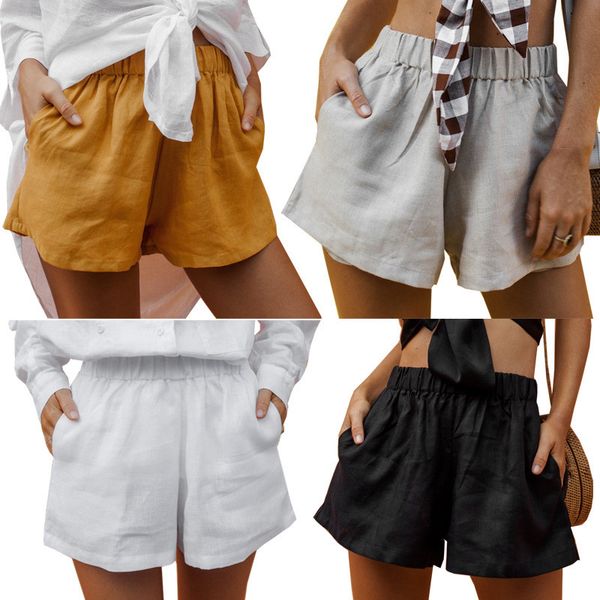

womens designer linen shorts with pockets mid waist elastic waist regular shorts women loose pure color shorts, White;black