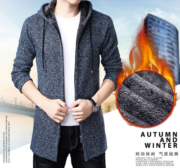 

heflashor 2019 winter thick warm sweater hooded long male men hooded sweater coat cotton liner zipper male fleece coat, White;black