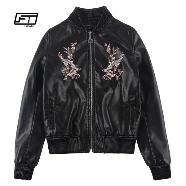

fitaylor new autumn winter women faux leather jacket o neck embroidery pink punk leather jacket bomber biker, Black