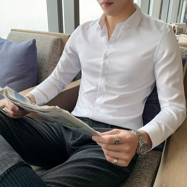 

2019 pure color fashion men's long sleeve shirt korean business casual men shirt fashion groom marry long sleeve, White;black