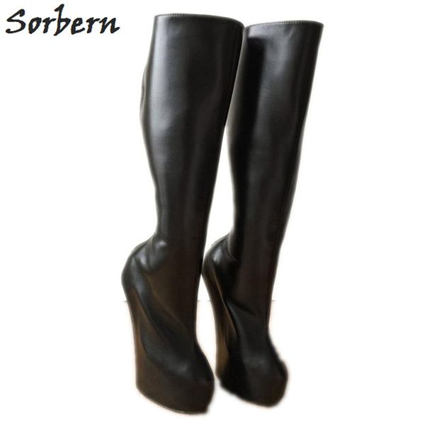 

sorbern heavy hoof heelless knee high boots women 9cm thick platform lockable zipper black matte thick lining