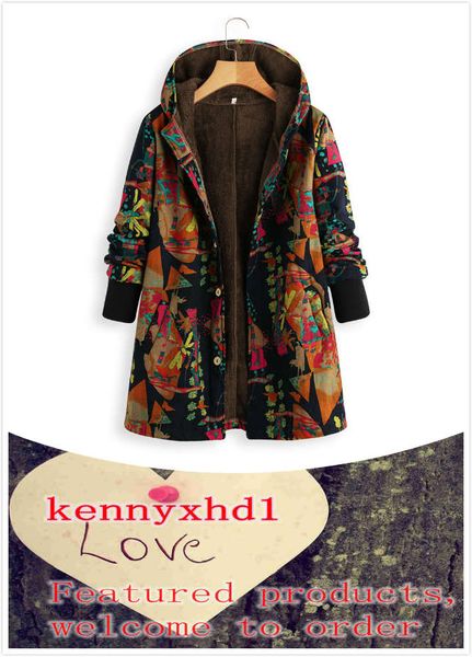 

new large size women's winter cotton and linen hooded print thickened plus velvet jacket fashion trend, Black