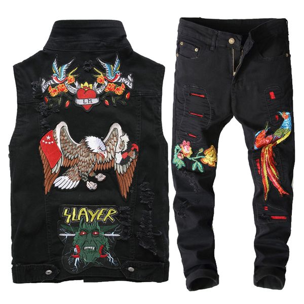 

2019 new men black jeans sets fashion spring embroidered phoenix flower hole distressed suit denim vests +pants mens clothing 2 pieces sets, Gray