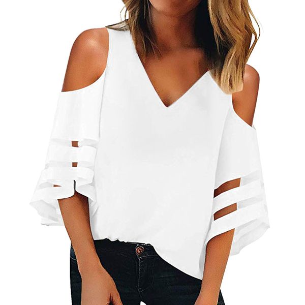 

womens and blouses streetwear flare sleeve cold shoulder blouse tunic ladies summer for women clothes 2019, White