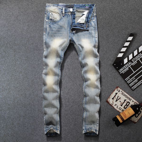 

mens designer jeans fashion brand denim pencil pants light blue bleached hole washed slim trousers ripped distressed motorcycle pants