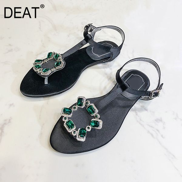 

deat] 2020 new spring summer round toe buckl strap square split toes crystal silk flat sandals for women shoes fashion 10h397, Black