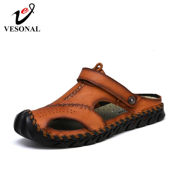 

vesonal summer handmade outdoor shoes men sandals genuine leather classic for male soft walking beach sandalias sandal slides, Black