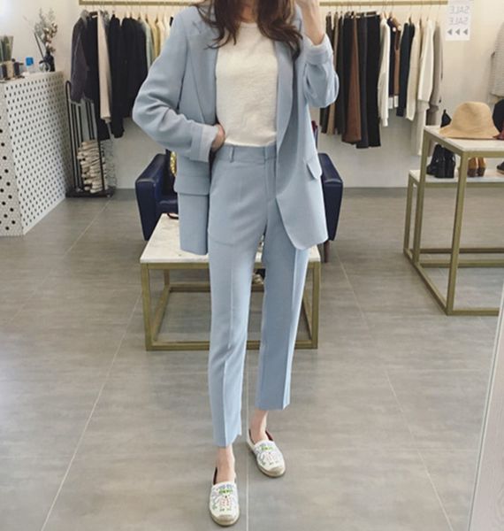 

new suit suit female korean wild one button jacket casual pants pants two sets, White