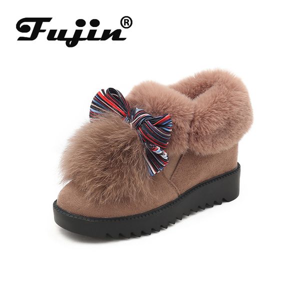 

fujin platform boots winter for women wedge heel shoes pumps booties plush warm fur snow shoes 2019, Black