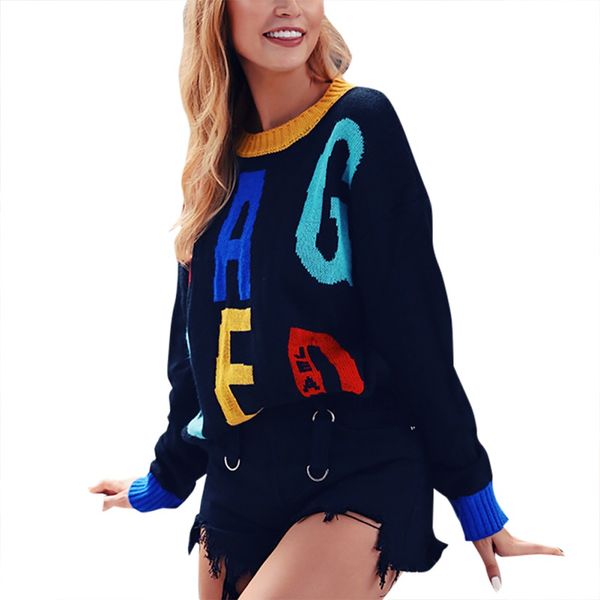 

sweater women autumn winter 2019 new fashion contrast multicolor loose sweater letters print casual round neck knitted, White;black