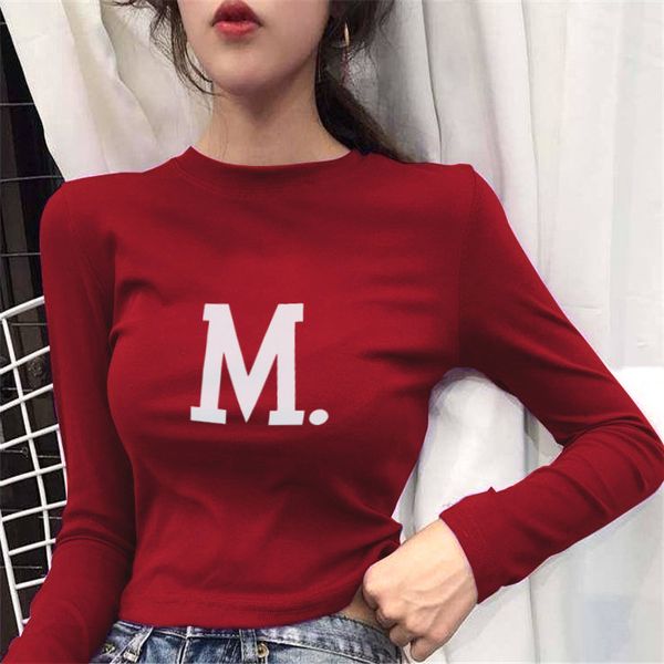 Kadın T-Shirt Harajuku Üstü Uzun Kollu Beltlenk Kore Moda Stili Mektup Baskılı Tees Kadın Kawaii Sonbahar Seksi