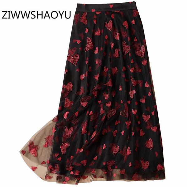 

ziwwshaoyu summer women vintage midi skirt designer runway ladies mesh heart embroidery print elegant a line skirts, Black