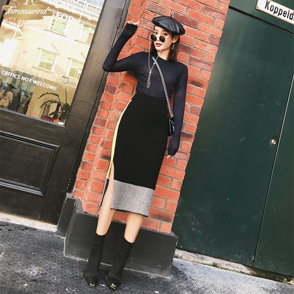 

зима осень high street юбки карандаш блок knit юбка высокой талией side split колено длина цвет женщины трикотаж, Black