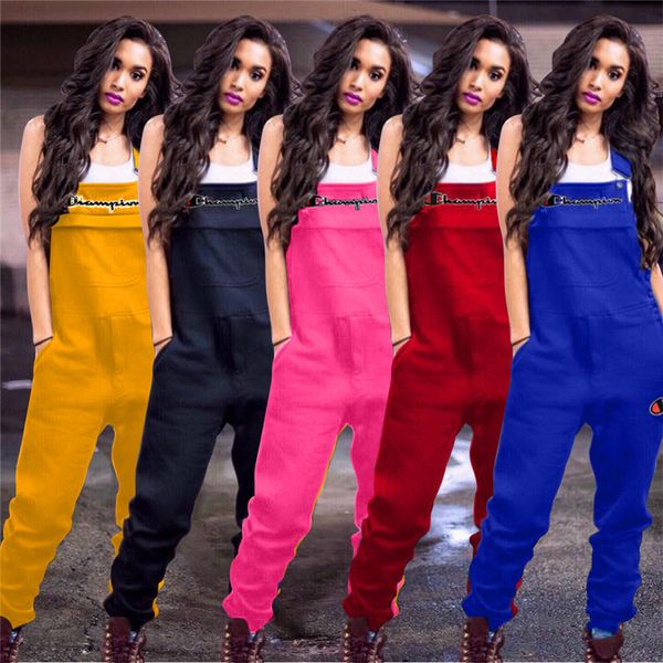 

Spring Champions Embroidery Letters Women Jumpsuit Casual Suspender Pants Fashion Overalls Sleeveless Romper Brace Trousers S-2xl A3202 New