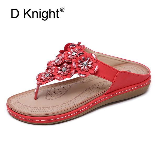 

new 2019 ethnic flowers women's flip flops bohemian black white ladies sandals rhinestones soft flats slippers beach shoes woman