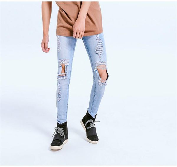 

mens pure color рваные джинсы середины талии джинсы мужские одежда модельер лето zipper casual карандаш штаны, Blue