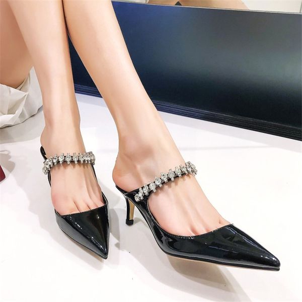 

fashion patent leather women pumps pointed toe crystal slip on thin heel casual party shoes woman, Black