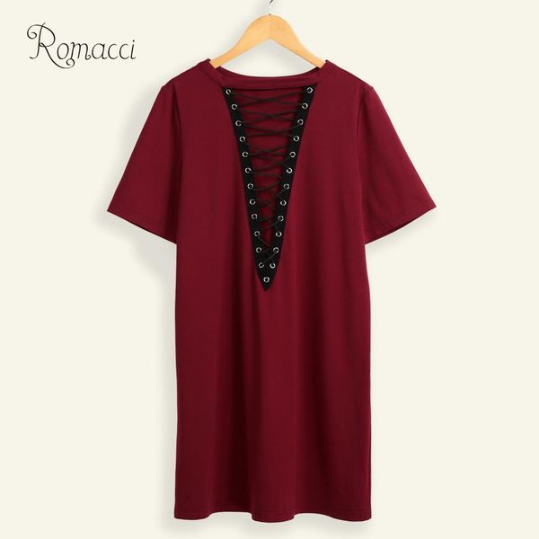 

romacci big size dress women lace up mini dress hollow out plunge v short sleeve long t-shirt plus size casual summer, Black;gray