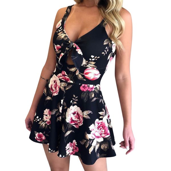 

women's sleeveless camis playsuits new flowers printed backless bow v neck summer fashion casual beach daily jumpsuit #z, Black;white